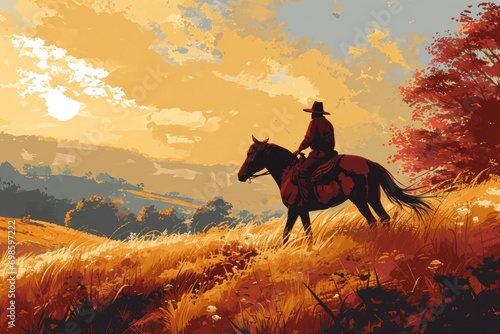 A person riding a horse in the countryside  contemporary digital art with a flat design aesthetic