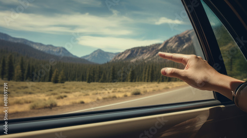 road trip moment, hand breezing through the wind with mountains, forests under the vast sky. Freedom exploration photo