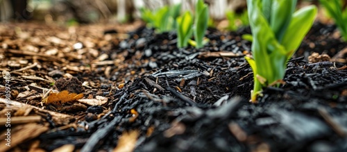 Garden bed covered in leaf mulch, fertilized with charcoal, first sprouts after winter.