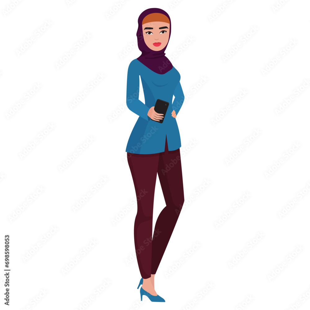 Muslim businesswoman with smartphone. Arab female office worker cartoon vector illustration