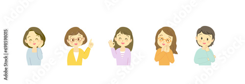 吹き出しセリフが似合うポジティブな表情の40代女性セット/横長デザイン/主線なし/フルカラー

