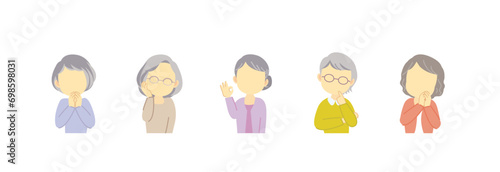 吹き出しセリフが似合うポジティブな手の動きがある50~70代女性セット/表情なし/主線なし
