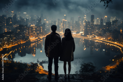 Man and woman silhouettes standing near digital city. Couple standing together at night and looking at night cityscape