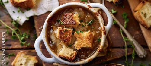 Healthier French onion soup with reduced fat and plain croutons, viewed from above. photo