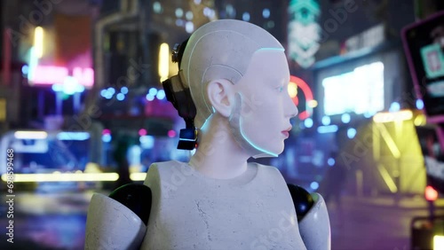 robot walking along a street in a big city. humanoid AI robot crossing street. 3d animation. future automation job.