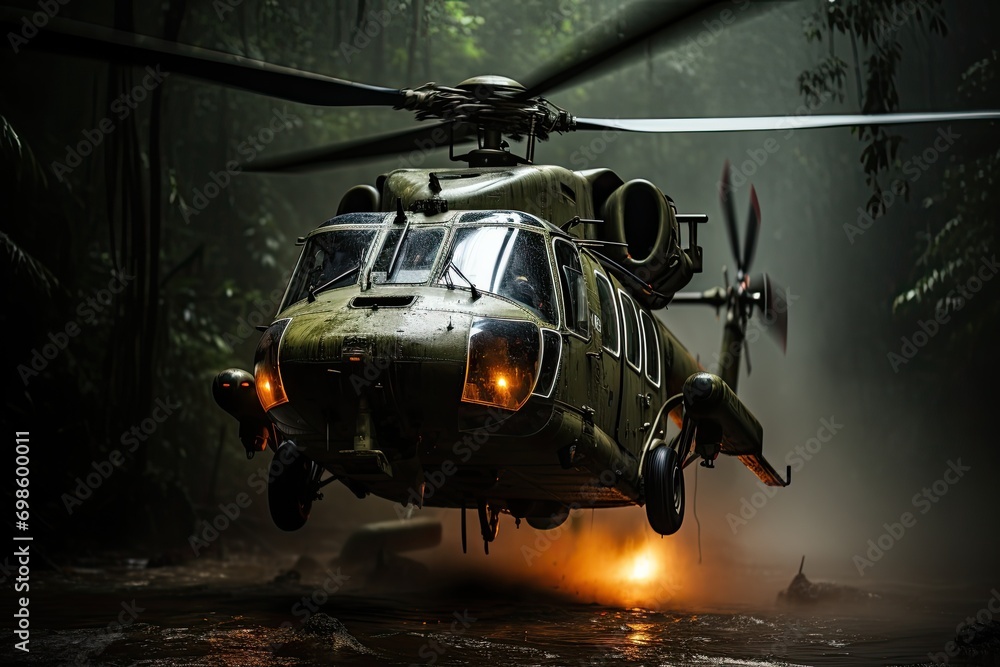 Military helicopter in active combat zone in jungle. Greeting card for Veterans Day, Memorial Day, Air Force Day. Military helicopter in active combat zone in jungle. Greeting card for Veterans Day, Memorial Day, Air Force Day.
