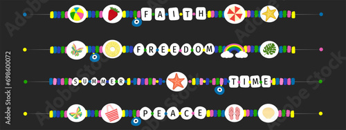 Retro hand drawn vector of children's friendship accessories, including beads, bracelets, necklaces. Card icons in the style of the 90s, multicolored and beaded.