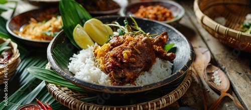In Indonesia, it's known as Rice Box with ayam rendang, often given out for special events or catering. photo
