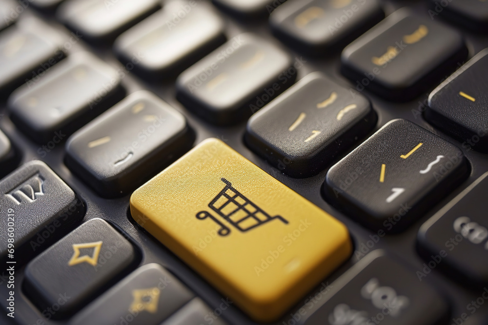 A Computer Keyboard with a Yellow shopping cart Button Created With Generative AI Technology A Computer Keyboard with a Yellow shopping cart Button Created With Generative AI Technology