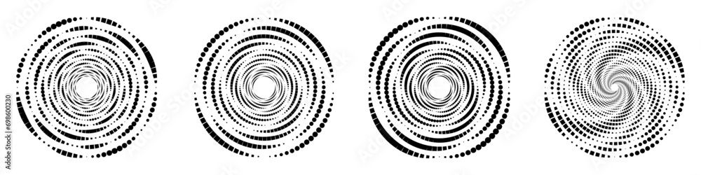 Abstract geometric design featuring a circle swirl dots shape with dotted spiral lines. Radial spinning halftone form. For posters, banners, logos, icons, presentations, and booklets. Vector Abstract geometric design featuring a circle swirl dots shape with dotted spiral lines. Radial spinning halftone form. For posters, banners, logos, icons, presentations, and booklets. Vector
