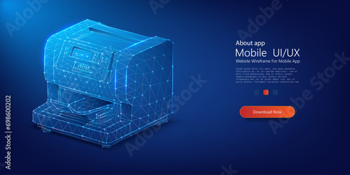 3D Wireframe of Industrial Machinery - High Precision Equipment Concept on Blue Background. paper printer prints the text of document. Vector illustration