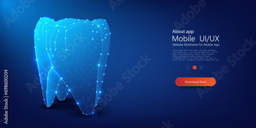 Abstract Digital Tooth Concept Illustration in Blue - Dental Technology and Oral Health. Healthy tooth low poly landing page template. Isolated polygonal illustration