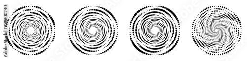 Abstract geometric design featuring a circle swirl dots shape with dotted spiral lines. Radial spinning halftone form. For posters, banners, logos, icons, presentations, and booklets. Vector
