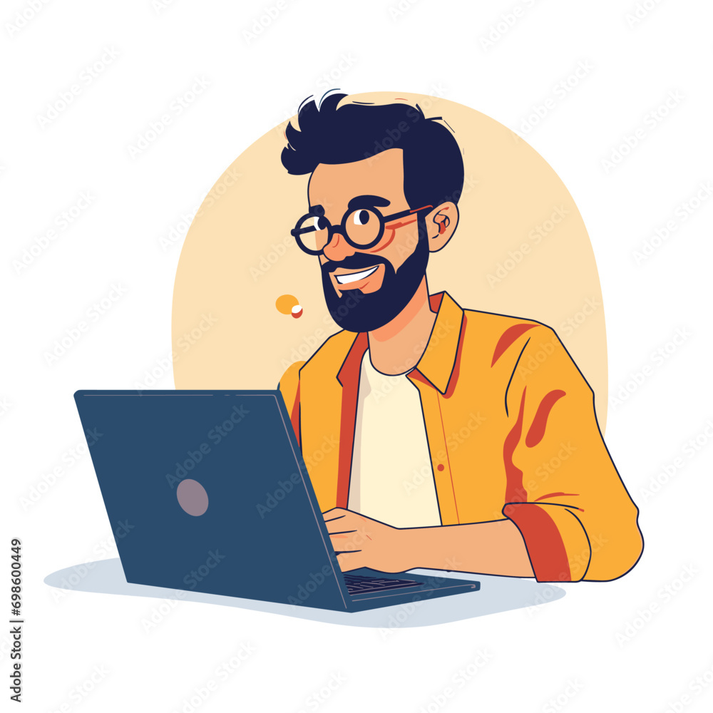 Happy guy freelancer in a yellow jacket with a laptop on a white background, vector in minimalism Happy guy freelancer in a yellow jacket with a laptop on a white background, vector in minimalism