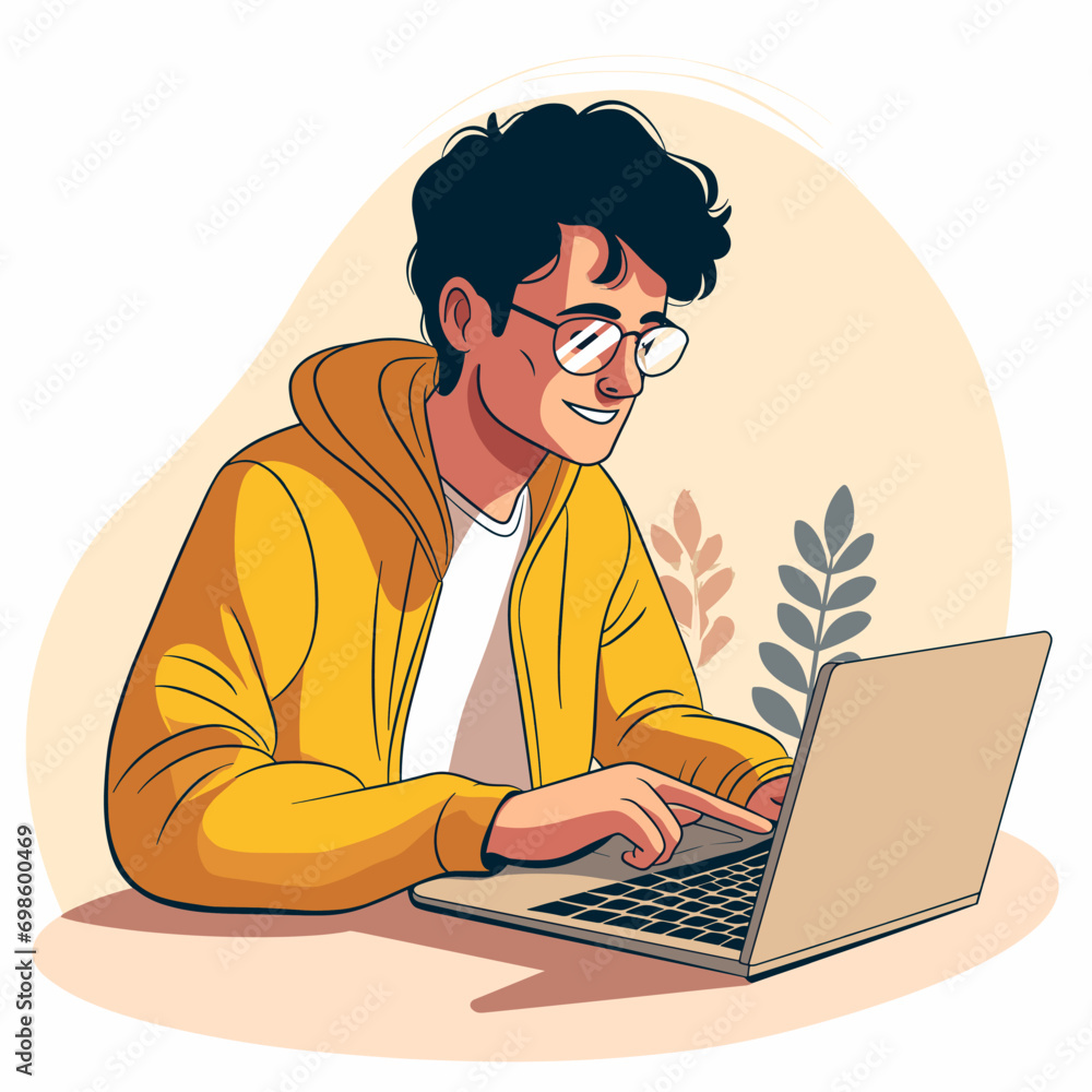 Happy guy freelancer in a yellow jacket with a laptop on a white background, vector in minimalism Happy guy freelancer in a yellow jacket with a laptop on a white background, vector in minimalism