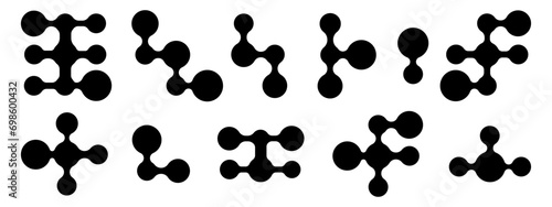 Set of black iridescent meta balls featuring connected morph dots. Design elements suitable for logos, icons, tags, emblems, banners, and more. Vector illustration.