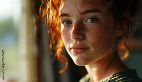 Portrait of a red-haired girl with freckles standing by the window and sunlight highlighting her hair