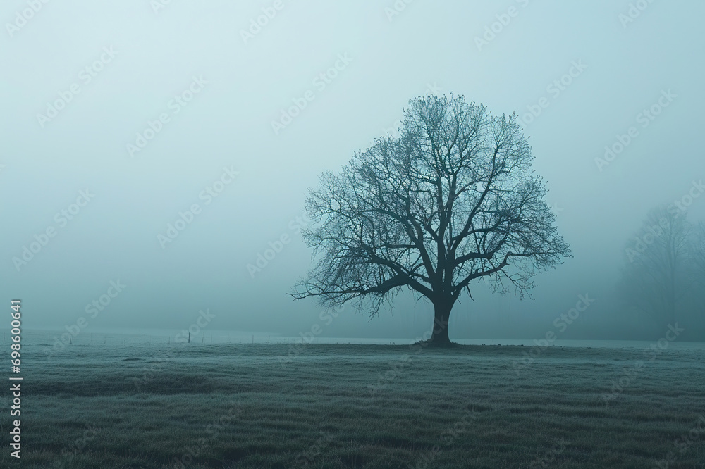 A Solitary Tree in a Misty Field Created With Generative AI Technology A Solitary Tree in a Misty Field Created With Generative AI Technology