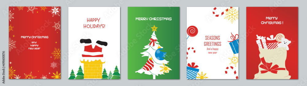 Merry Christmas and Happy New Year Season's Greetings Card Set.
Festive Templates with beautiful winter and christmas decorations and text. For poster, cover, greeting card.