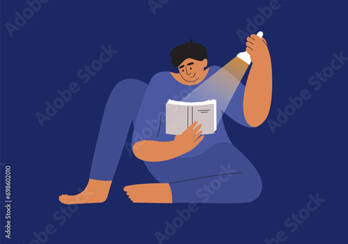 Young man with flashlight reads book in night. Male character reading books illuminating pages with light. Boy holding literature in hand studying or enjoying read. Person bookworm vector illustration