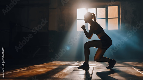 Young woman working out in lost place fitness gym training boxing movements in silhouette