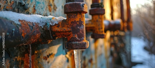 Pipe leaks due to freezing in winter caused by rust and wear. photo