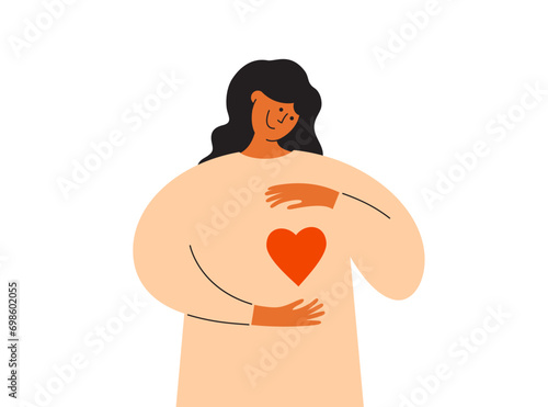 Smiling woman holding big red heart shape in hands. Healthy happy girl. Self love, body care, mental health isolated vector illustration. Female kind, compassion, empathy. Charity help, donate concept