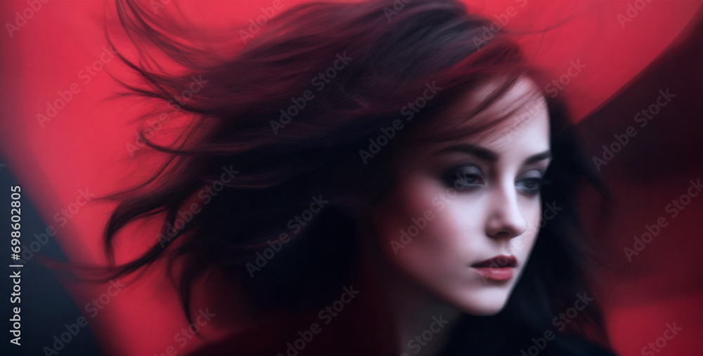 ritratto in movimento di viso di giovane donna, colori dominanti orsso e nero, primissimo piano sfuocato ritratto in movimento di viso di giovane donna, colori dominanti orsso e nero, primissimo piano sfuocato