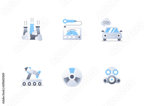 Pollution and industry - flat design style icons set. High quality colorful images of smoking factory chimneys, CO2 emissions, rocket launch, dangerous radiation, gas mask. Threat to the environment photo