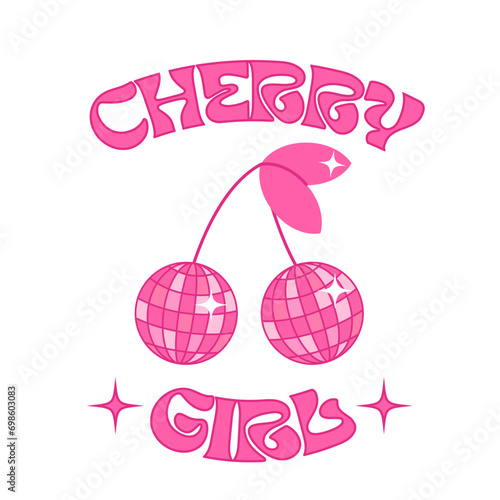 Slogan cherry girl with groovy pink cherries of mirrored disco ball with leaf and highlights. Disco mirror ball. Vector illustration for modern t shirt print, embroidery patch for printed tee