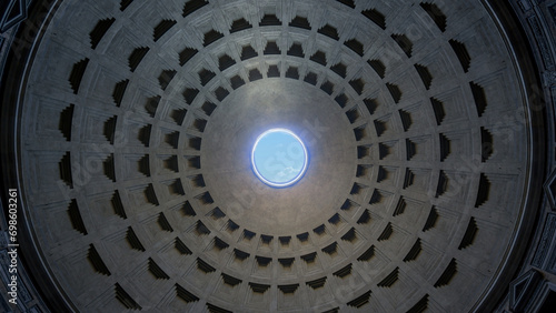 Circular opening on the ceiling of Pantheon, known as the oculus, brings natural light into the ancient structure, Rome, Italy