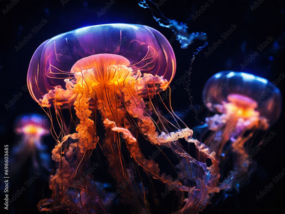 Naklejka premium jellyfish in under the sea. jellyfish looks neon and electric colors