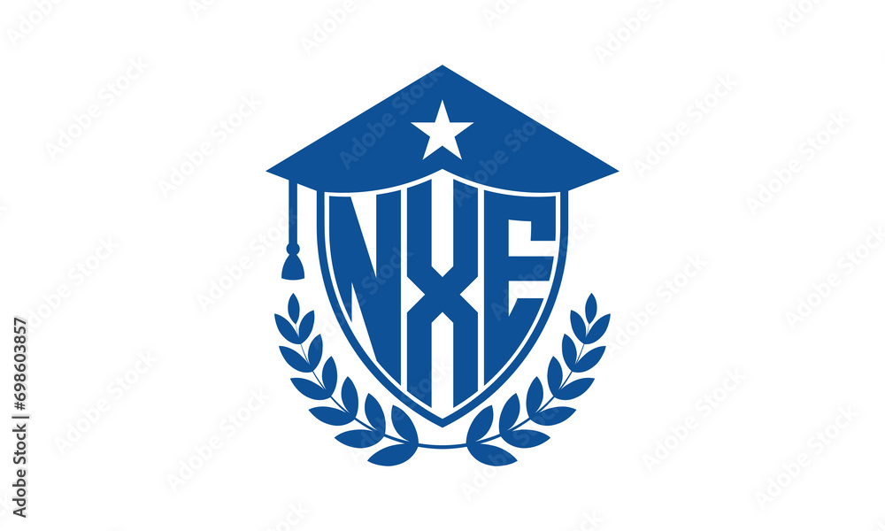 NXE three letter iconic academic logo design vector template. monogram, abstract, school, college, university, graduation cap symbol logo, shield, model, institute, educational, coaching canter, tech NXE three letter iconic academic logo design vector template. monogram, abstract, school, college, university, graduation cap symbol logo, shield, model, institute, educational, coaching canter, tech
