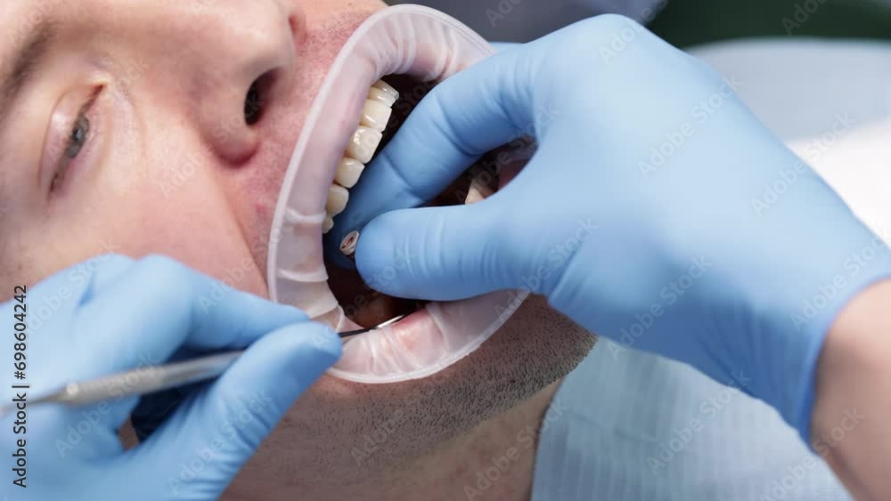 Screwing a healing abutment, often referred to as a healing cap or gingival former. Dental