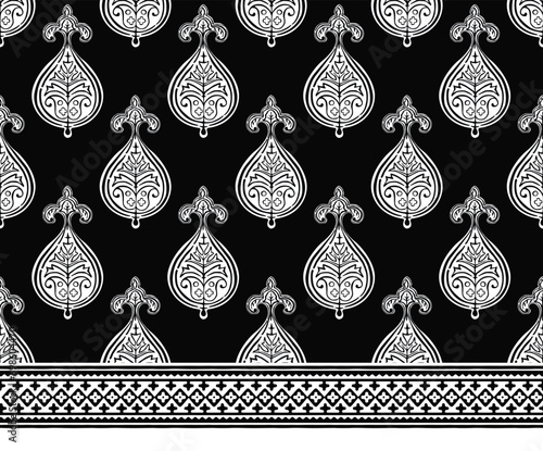 MONOCHROME PAISLEY PATTERN ALL OVER PRINT WITH BORDER SEAMLESS PATTERN VECTOR ILLUSTRATION