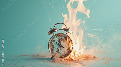 
burning retro alarm clock on a pastel background, as a metaphor for time that is running out photo