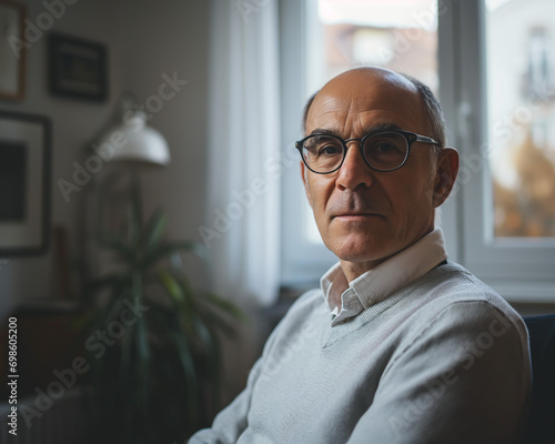 Portrait of Thoughtful Middle-Aged Male Psychologist in Gray Sweater and Glasses, Amidst a Welcoming Office Setting, Proficiently Embracing the Therapeutic Atmosphere