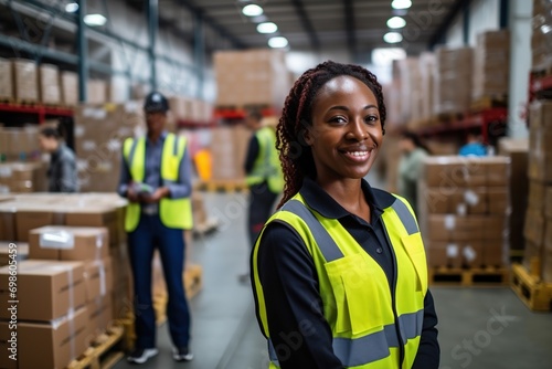 Portrait of smiling female warehouse worker standing with staff in background at warehouse © Rudsaphon