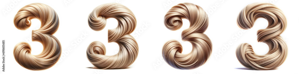 Number 3 - THREE - Hair Alphabet - Hair Letter set - White background - Glamour Hair typeset collection from A to Z and numbers. - obrazy, fototapety, plakaty 