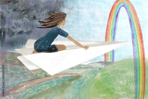 Illustration  woman flying on paper plane from storm to rainbow
