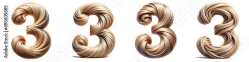 Number 3 - THREE - Hair Alphabet - Hair Letter set - White background - Glamour Hair typeset collection from A to Z and numbers. photo