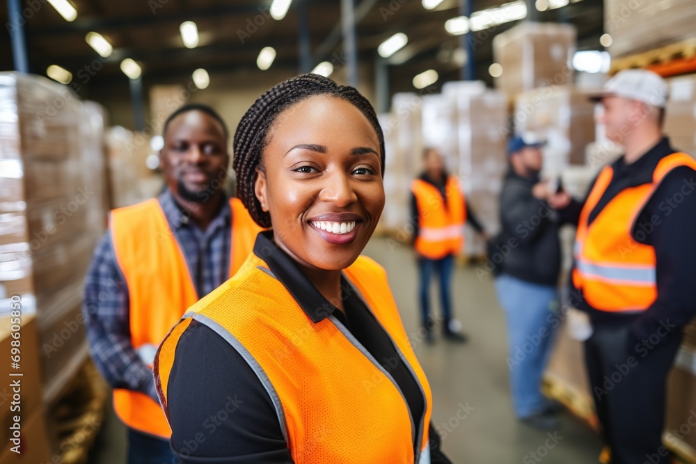 Portrait of smiling female warehouse worker standing with staff in background at warehouse Portrait of smiling female warehouse worker standing with staff in background at warehouse