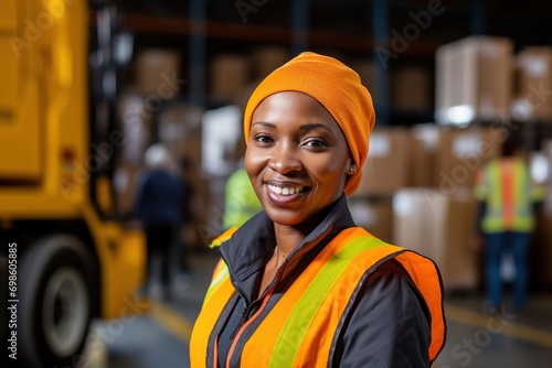 Portrait of smiling female warehouse worker standing with staff in background at warehouse