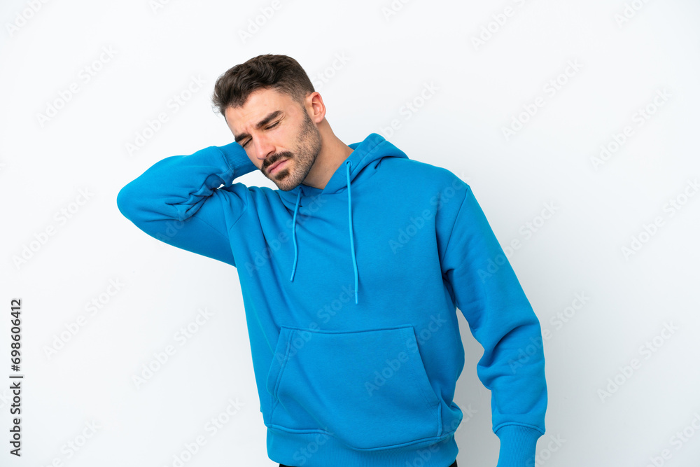 Young caucasian man isolated on white background with neckache Young caucasian man isolated on white background with neckache