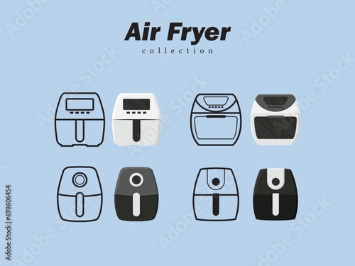 Air fryer kitchen bake cooking fast food restaurant kitchen icons set vector fat baking 
