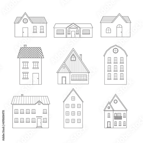 Collection of simple outline houses. Illustration on transparent background