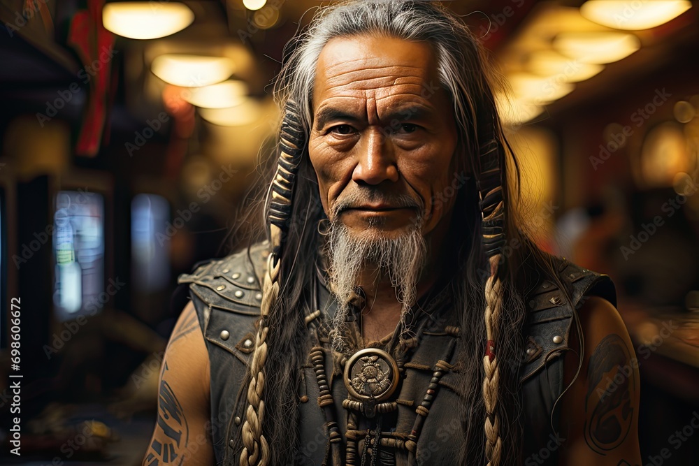 Portrait of a Native American inside a Casino with slot machines in backgrounds Portrait of a Native American inside a Casino with slot machines in backgrounds