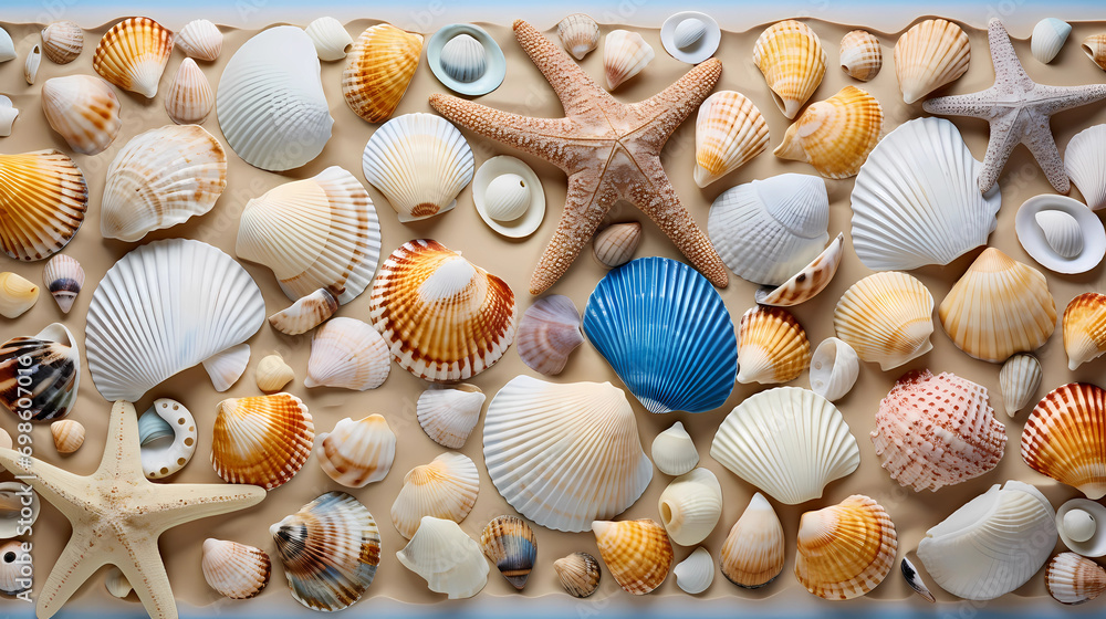 A seashell collection arranged on a sandy beach