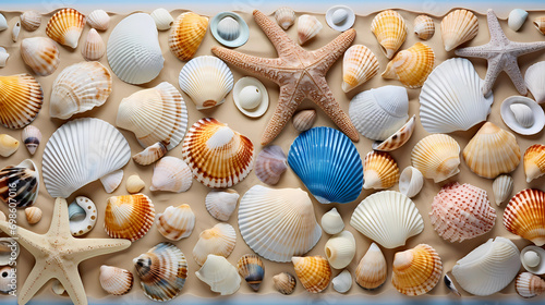 A seashell collection arranged on a sandy beach