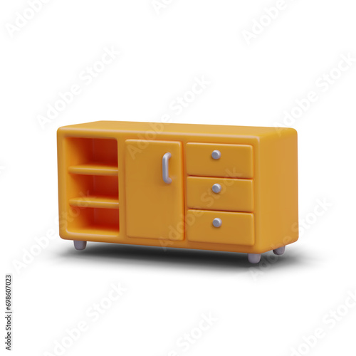 Realistic cabinet with open shelves and closed compartment on white background. Concept of home furniture in orange color. Vector illustration in 3d style with shadow